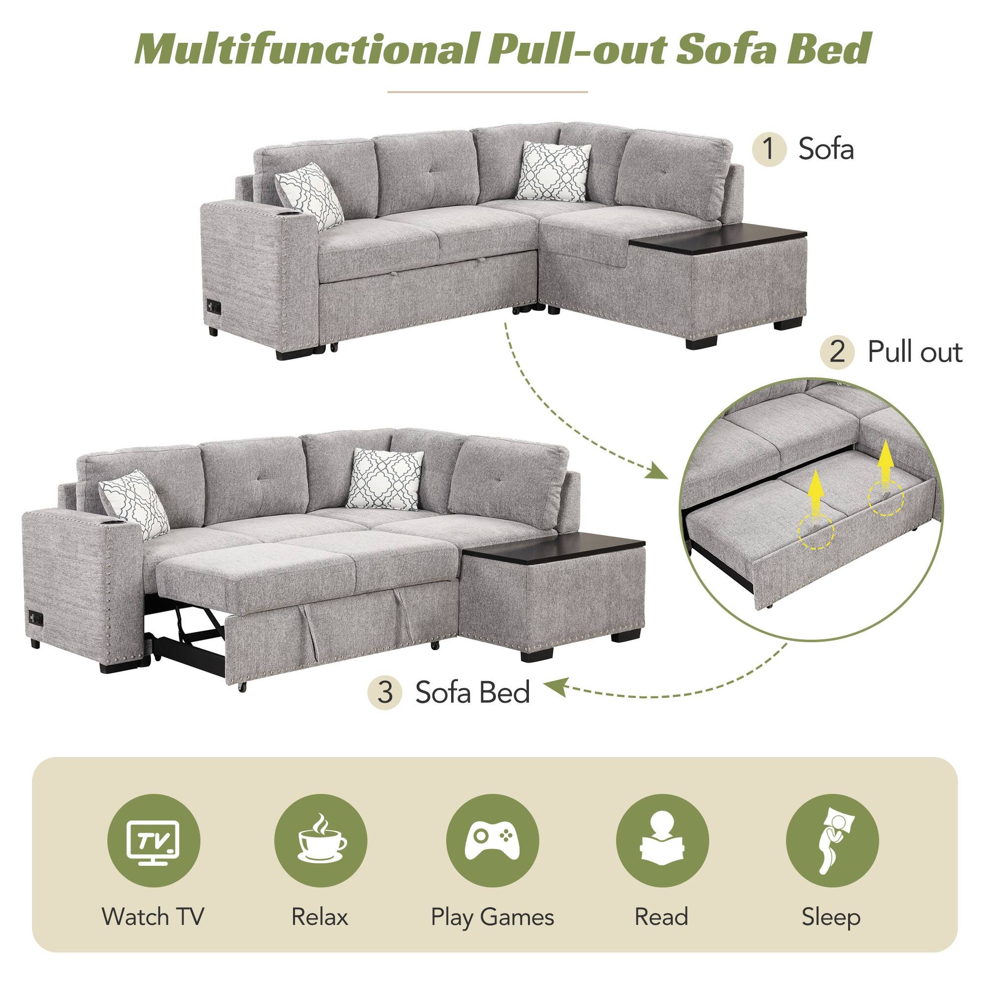 83.8" Reversible Sectional PullOut Sofa Bed LShaped Corner Sofa Couch